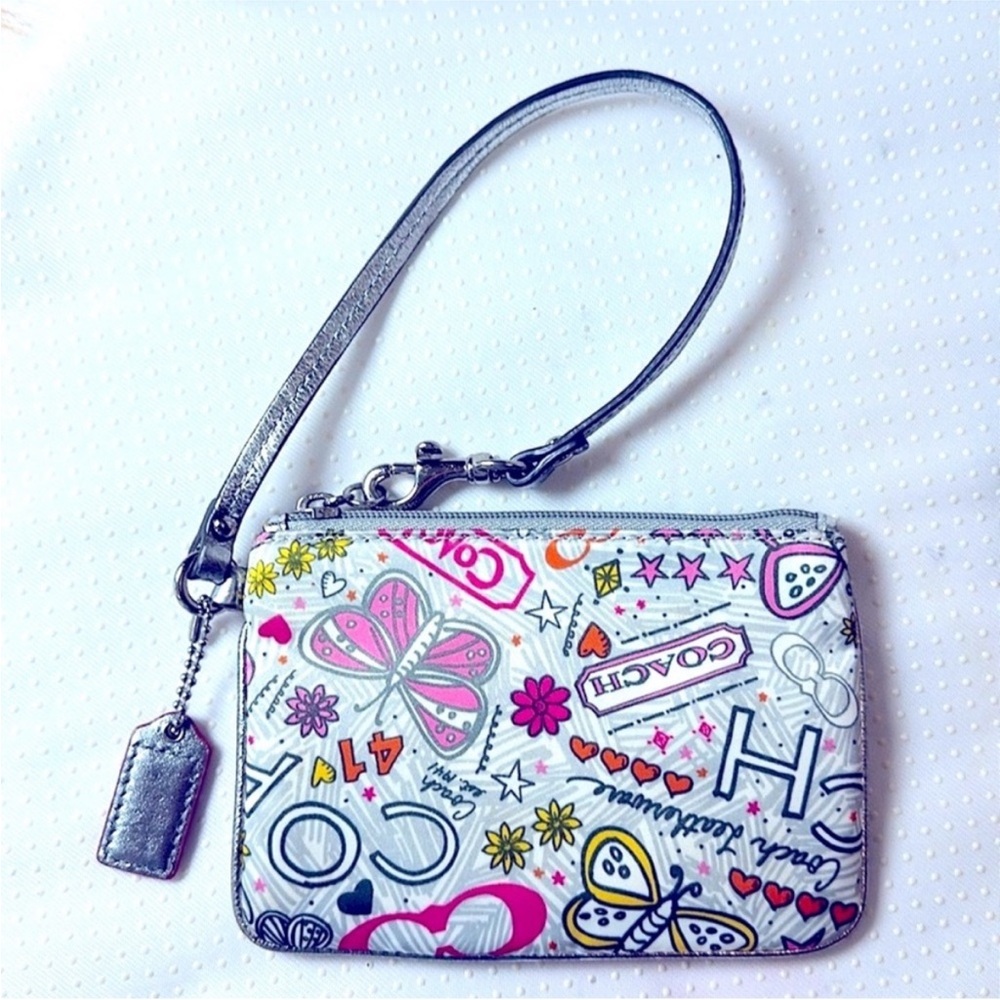 Coach Poppy Satin Graffiti White and Pink Graphic Wristlet